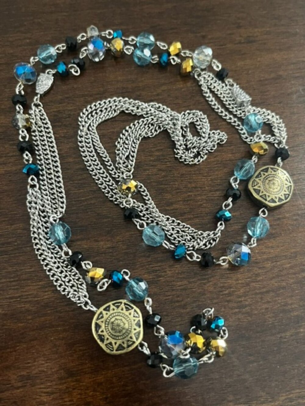 Long Single Strand Necklace Faceted Beads Gold Silver Sun Owl Charms 20"